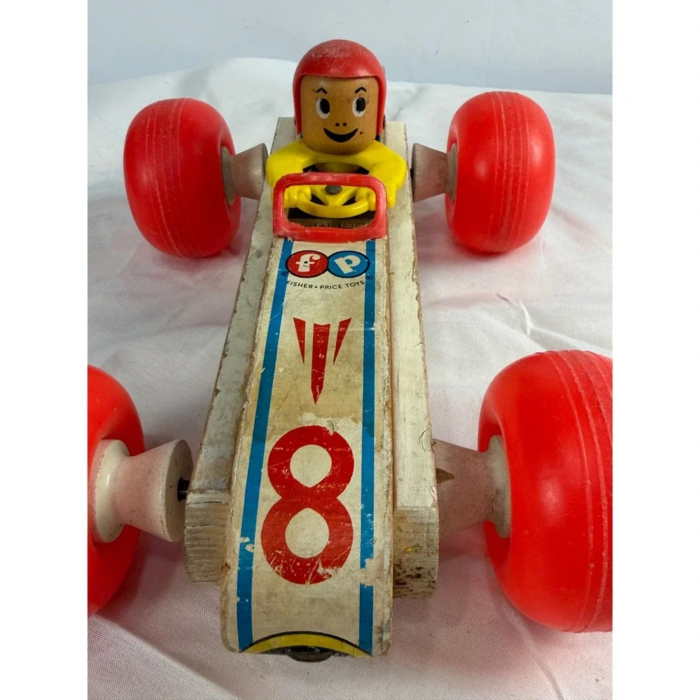 Vintage Fisher Price Bouncy Racer 8 Wooden Pull Toy Race Car 1970s Collectible